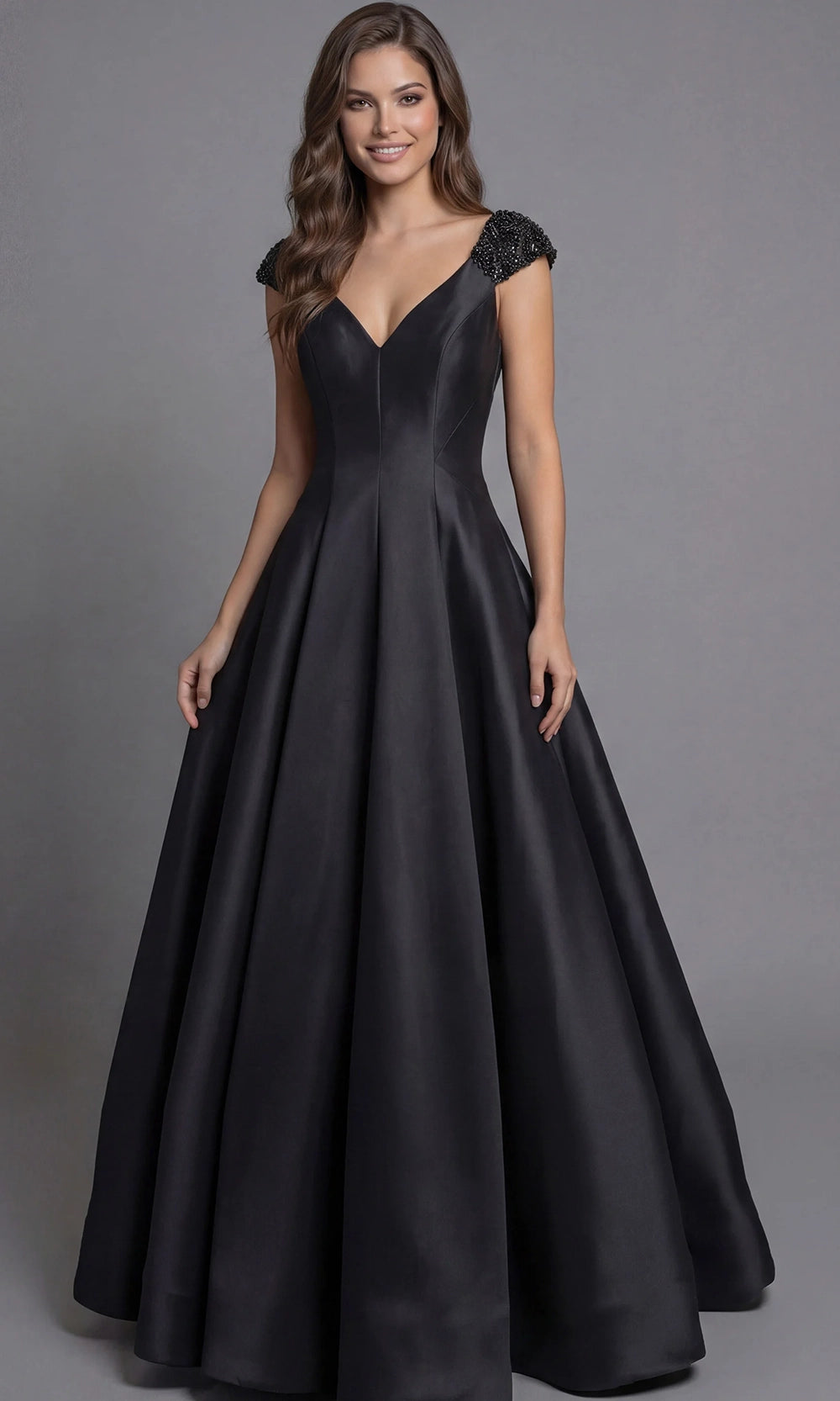 Jovani 43809 - Beaded Cap Sleeve Satin Ballgown - designer ball gown at Silhouette Dresses