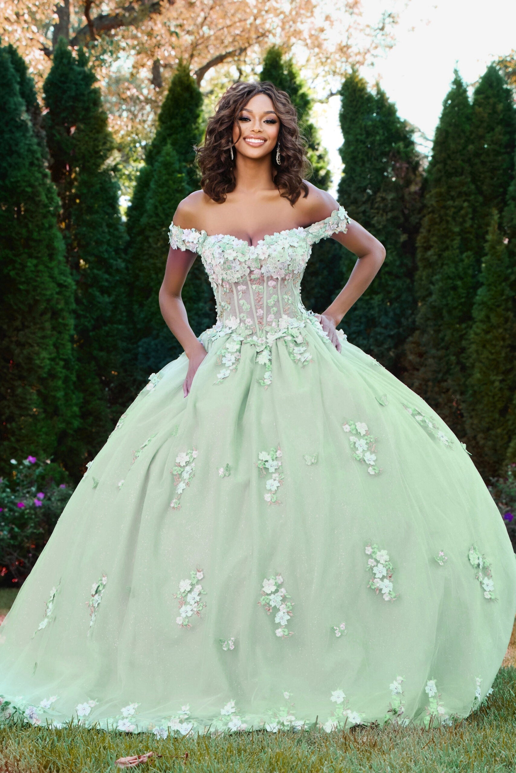 Jovani Q43811 - Floral Applique Illusion Corset Ballgown - detail view