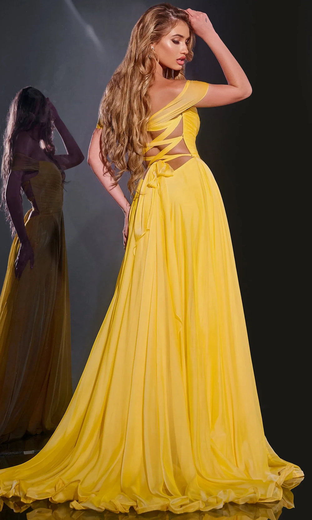 Jovani 43842 - Shirred Off Shoulder Prom Dress - detail view