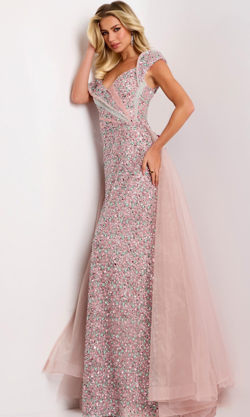 Jovani 44003 - Off Shoulder Beaded Gown with Sheer Overskirt - back view