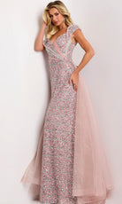 Jovani 44003 - Off Shoulder Beaded Gown with Sheer Overskirt - back view