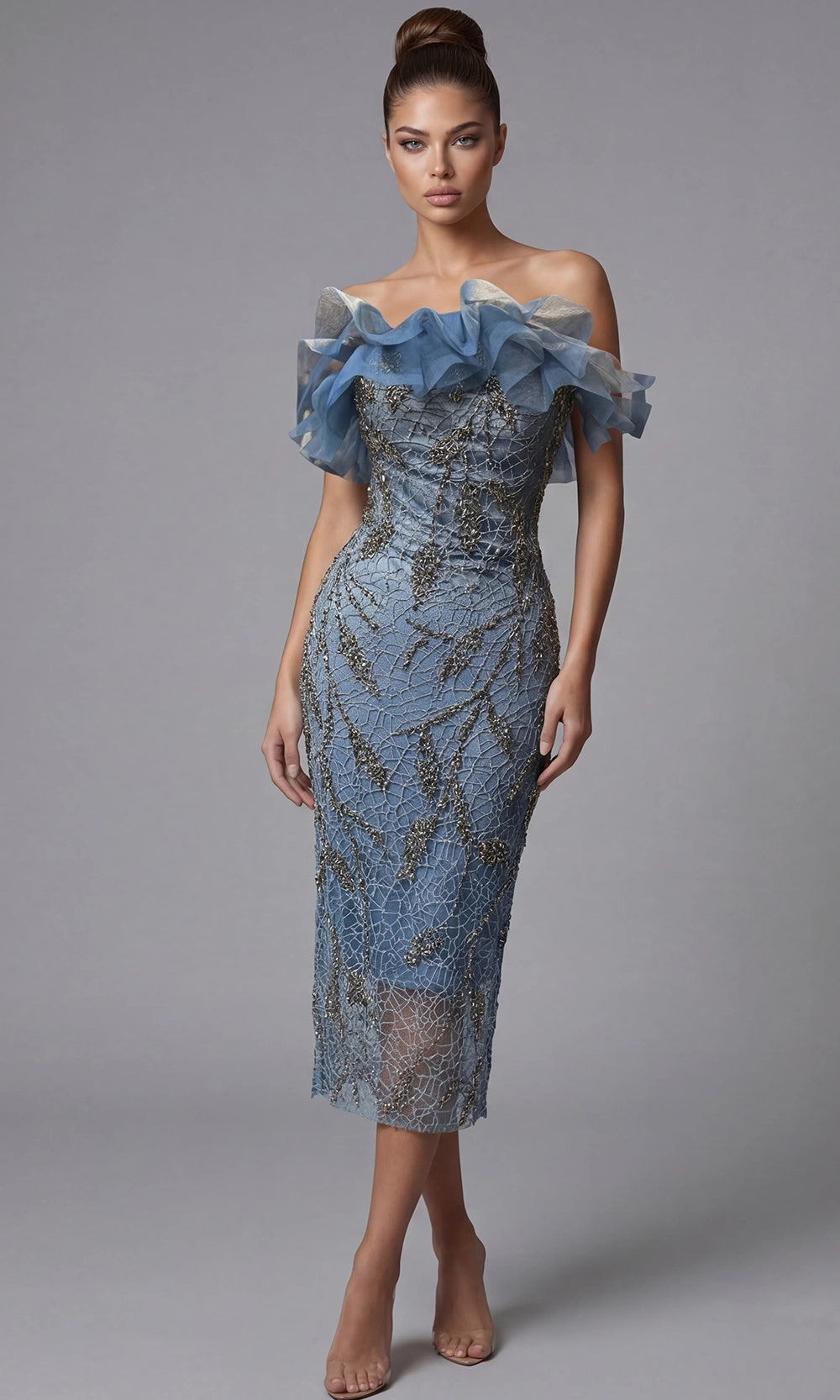 Jovani 44016 - Off Shoulder Beaded Ornate Midi Dress - designer cocktail dress at Silhouette Dresses