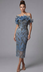Jovani 44016 - Off Shoulder Beaded Ornate Midi Dress - designer cocktail dress at Silhouette Dresses