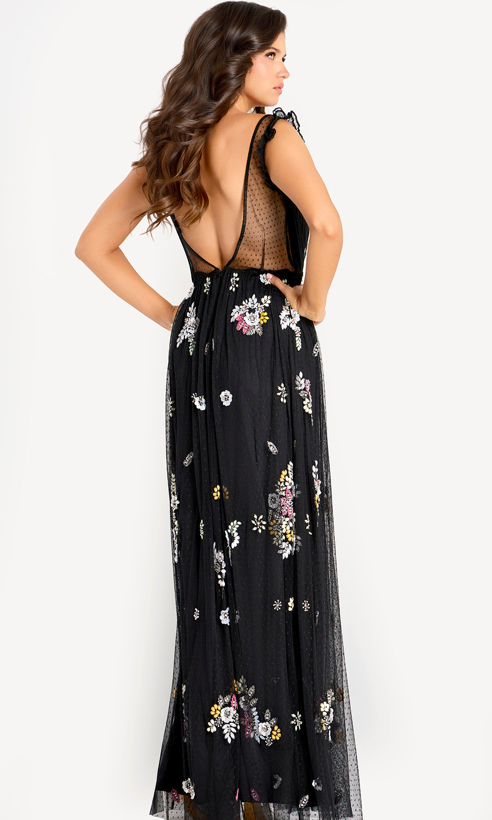 Jovani 44057 - Embroidered Floral Plunging Neck Gown - back view