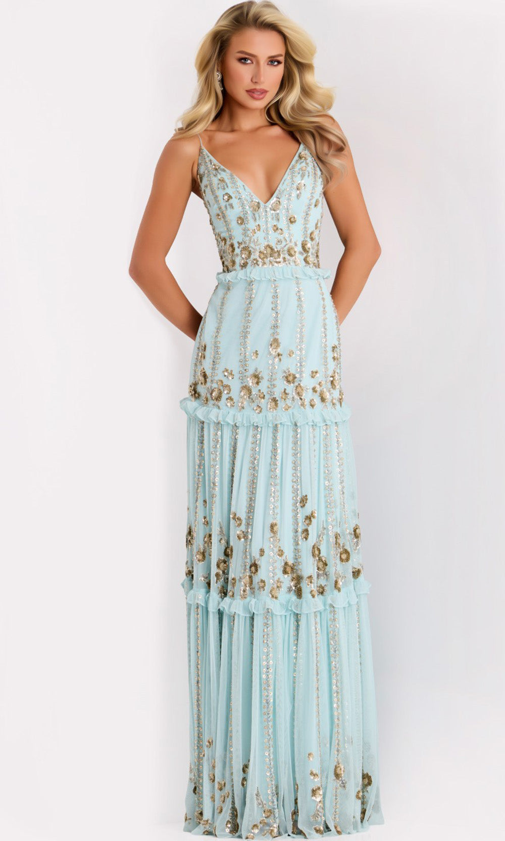 Jovani 44060 - Floral Sequin Tiered A-Line Evening Gown - designer formal gown at Silhouette Dresses