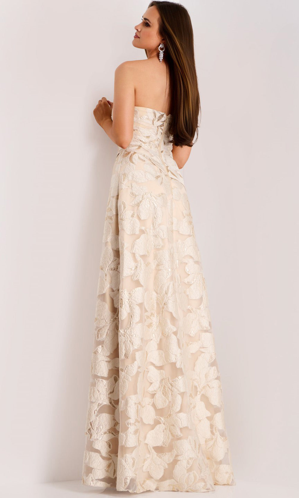 Jovani 44370 - Strapless Asymmetric Neck Jacquard Gown - back view