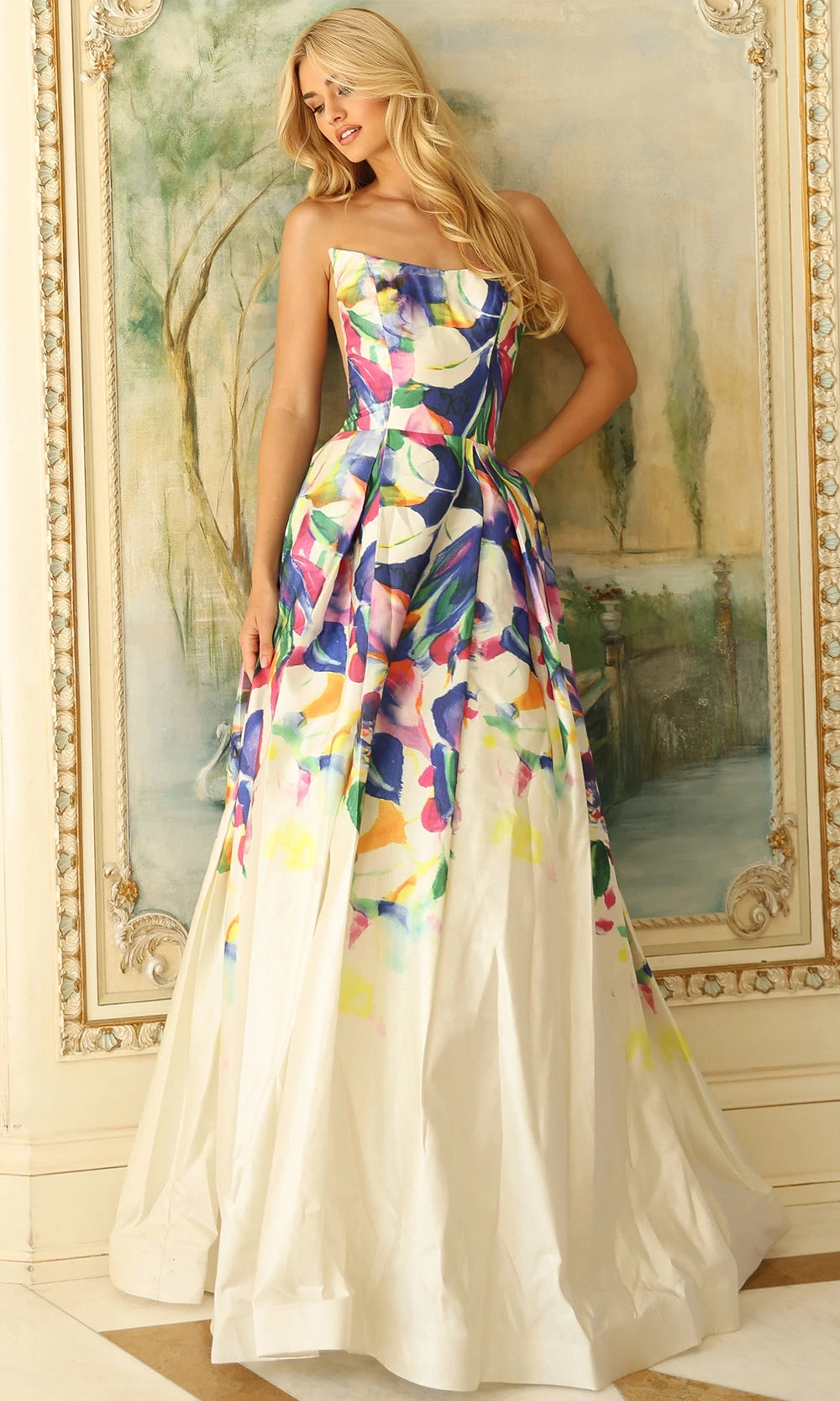 Jovani 44434 - Multicolor Floral Strapless Prom Gown - designer prom dress at Silhouette Dresses