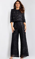 Jovani 44471 - Embroidered Floral Three-Quarter Sleeve Pantsuit - detail view