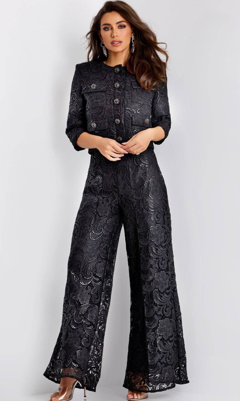 Jovani 44471 - Embroidered Floral Three-Quarter Sleeve Pantsuit - designer formal jumpsuit at Silhouette Dresses