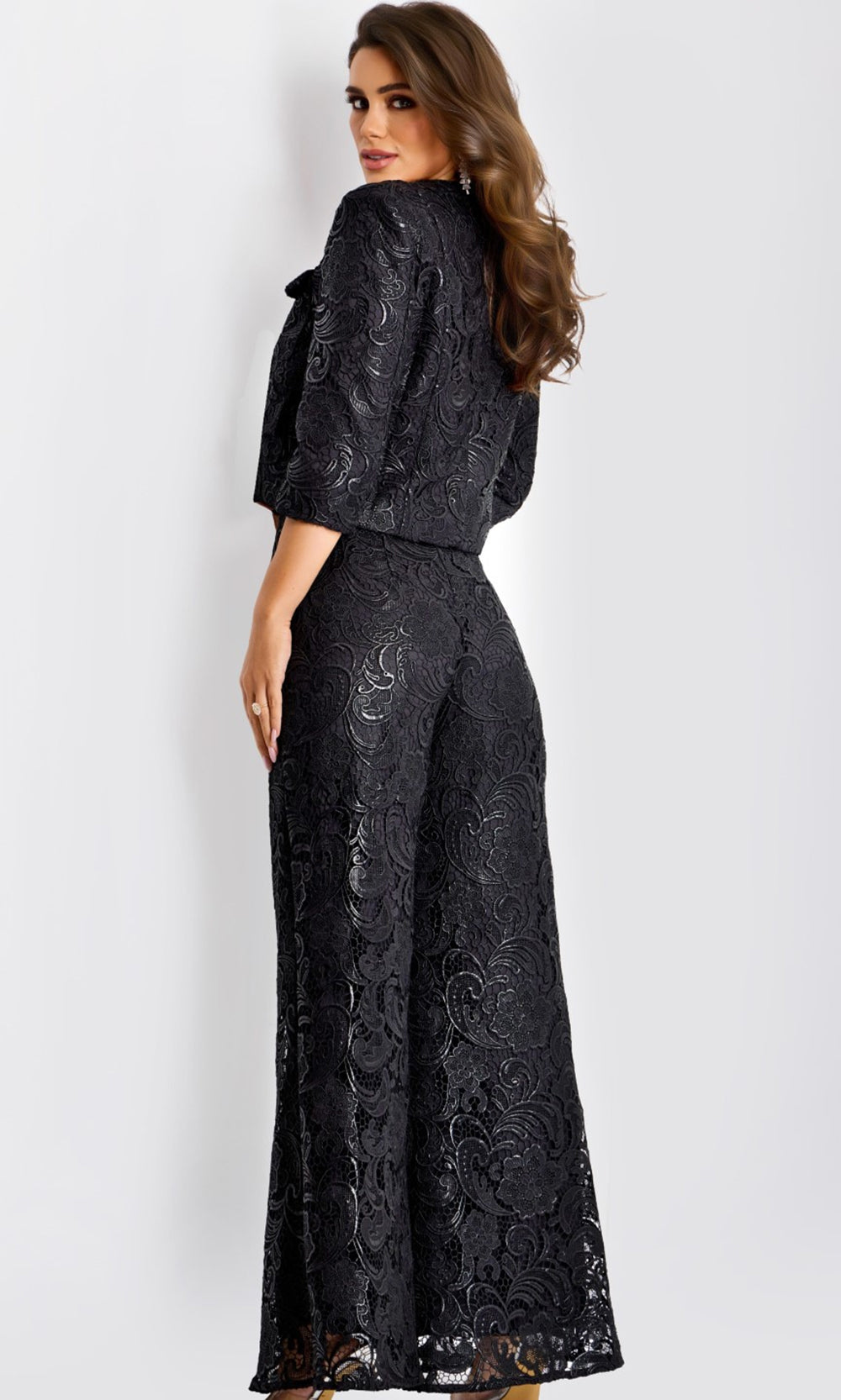 Jovani 44471 - Embroidered Floral Three-Quarter Sleeve Pantsuit - back view
