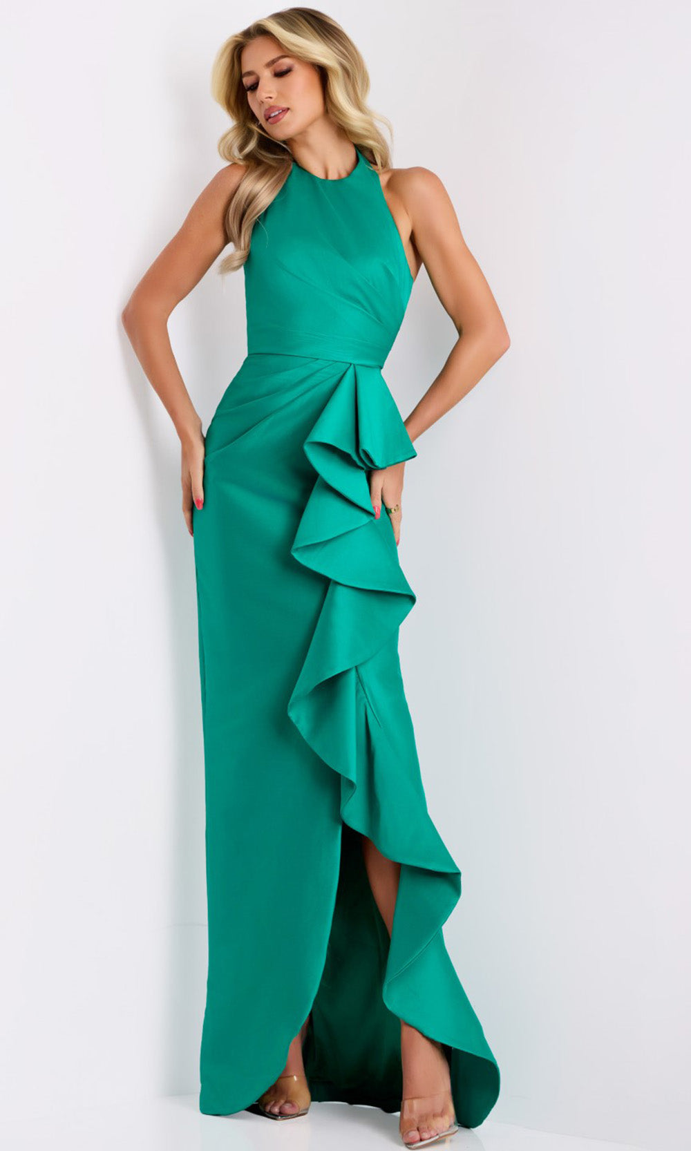 Jovani 44473 - Cascading Ruffle Halter Evening Gown - detail view