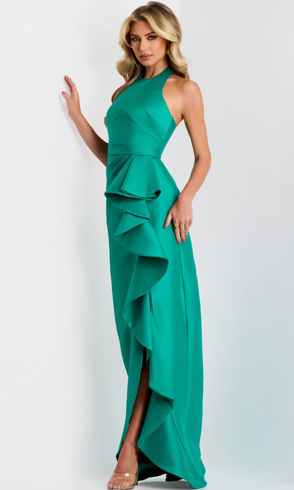 Jovani 44473 - Cascading Ruffle Halter Evening Gown - back view