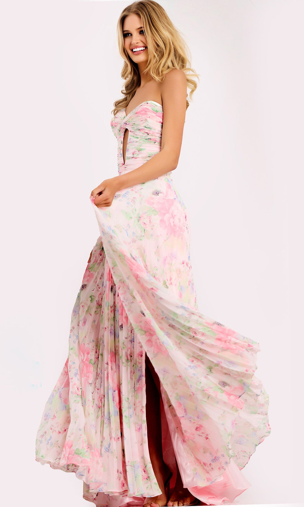 Jovani 44518 - Floral Pleated Chiffon A-Line Dress - detail view