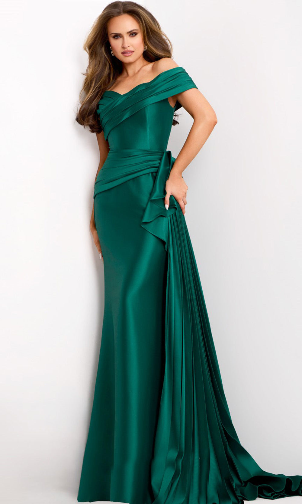 Jovani 44524 - Off Shoulder Satin Gown with Draped Detail - detail view
