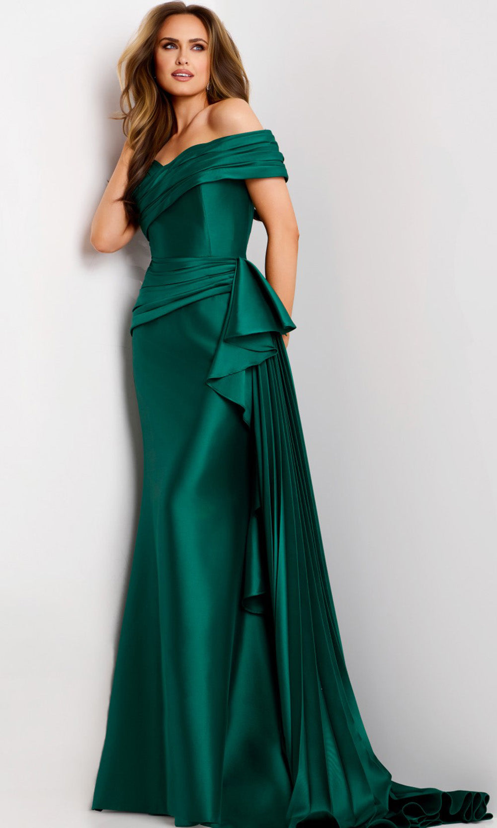Jovani 44524 - Off Shoulder Satin Gown with Draped Detail - view 4
