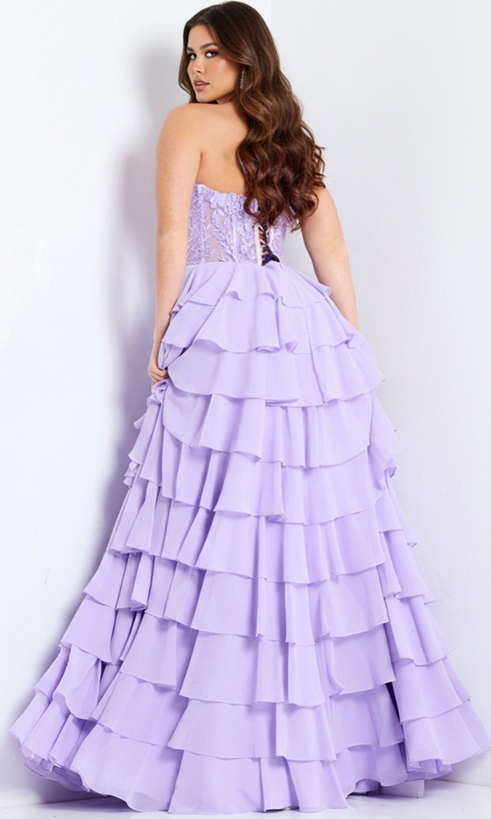 Jovani 44543 - Lace Corset Ruffle A-Line Dress - back view