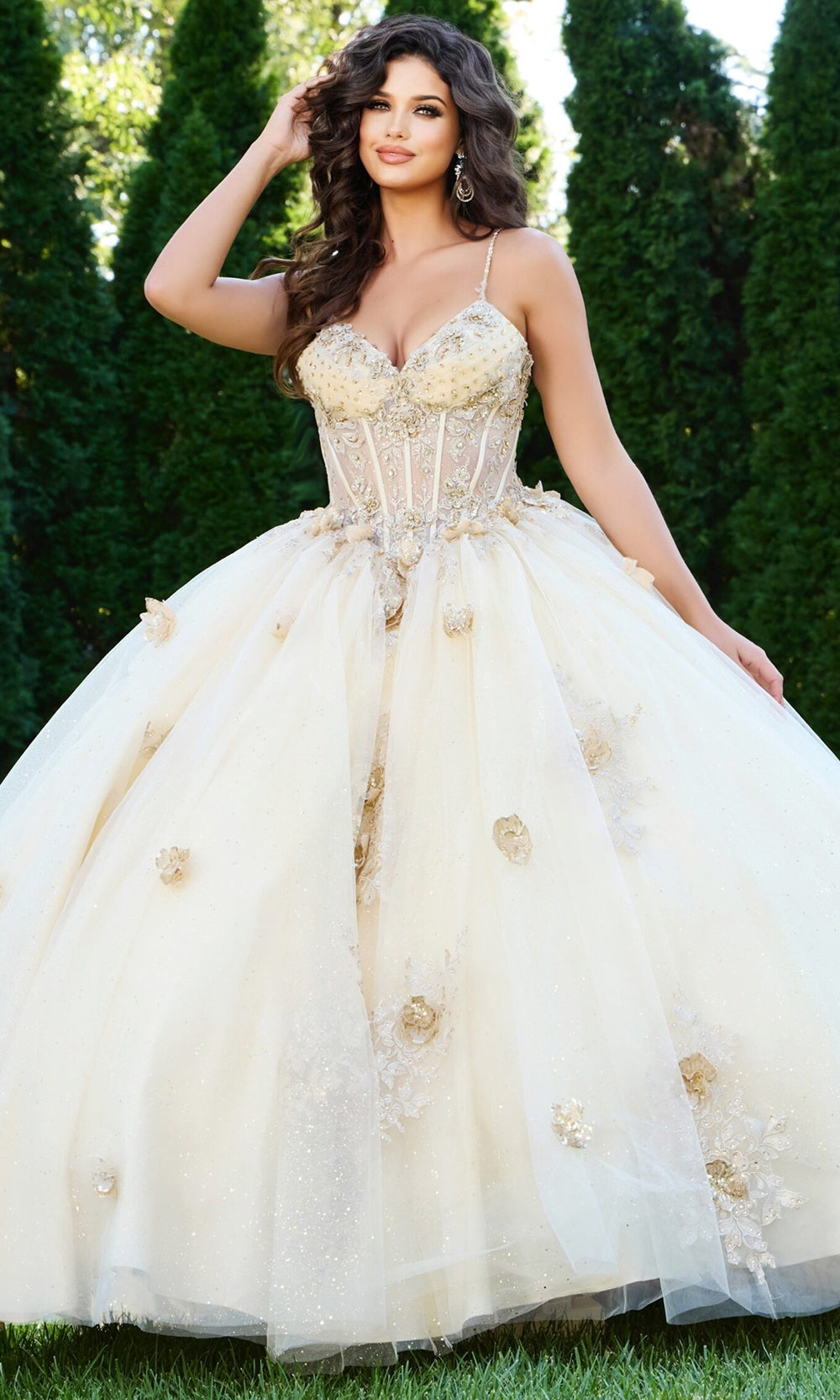 Jovani Q44559 - Sleeveless Layered Ballgown with 3D Floral Accent - designer quinceanera gown at Silhouette Dresses