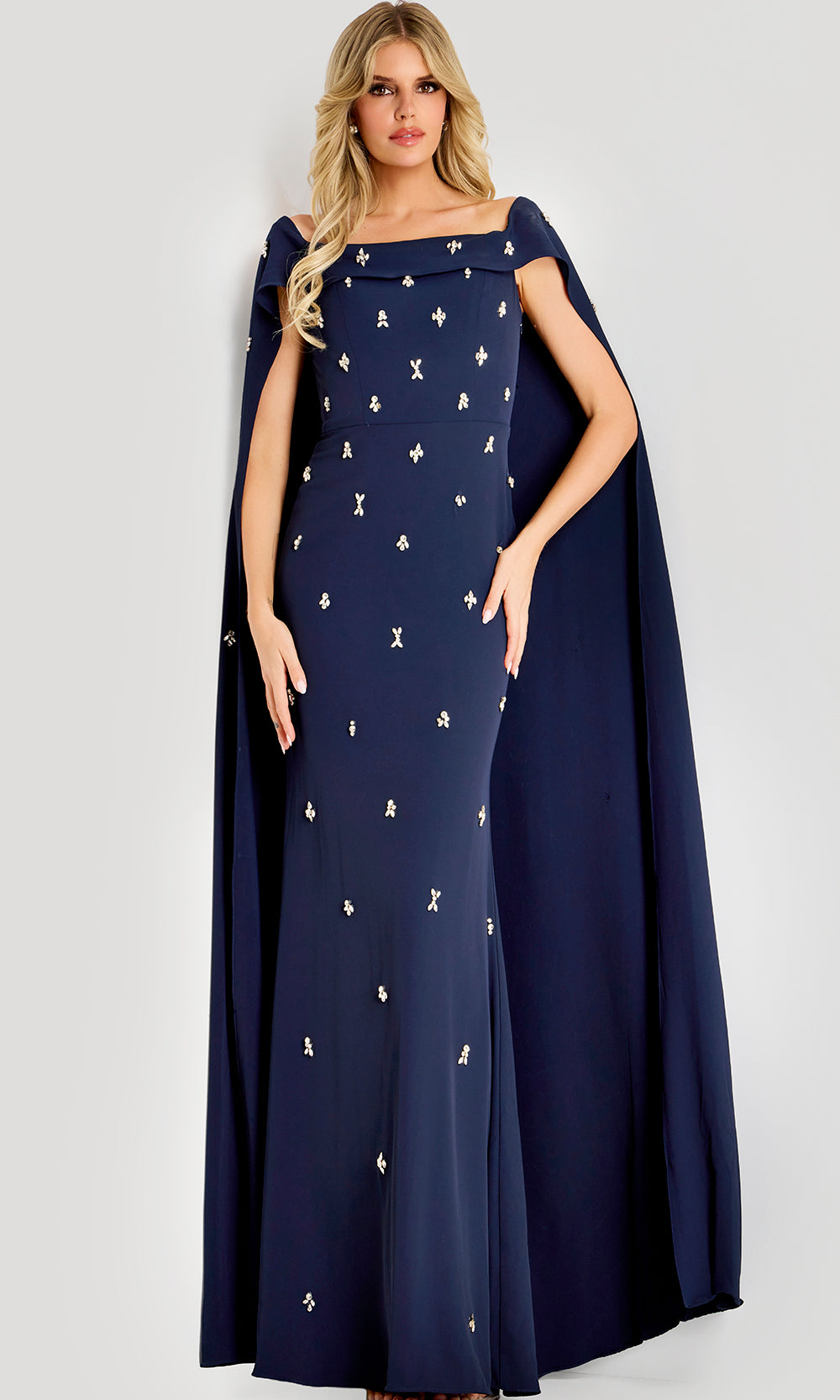 Jovani 44575 - Scattered Rhinestone Cape Sleeve Gown - back view