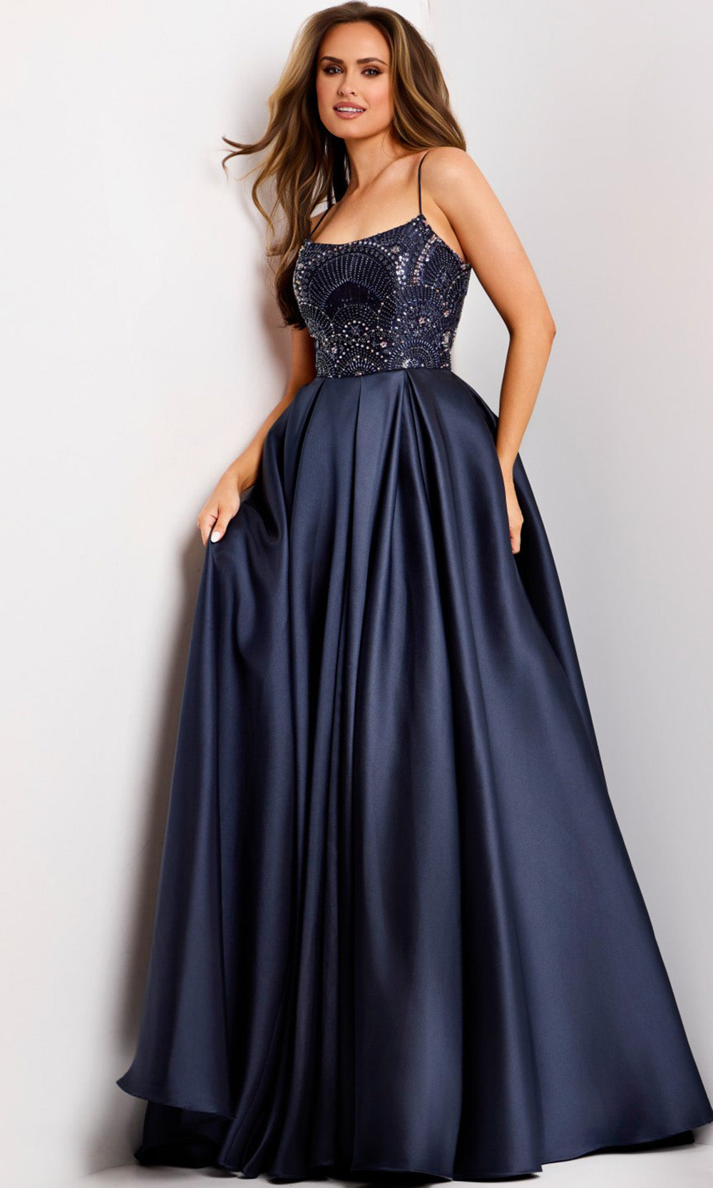 Jovani 44587 - Spaghetti Strap Pleated A-Line Gown - detail view