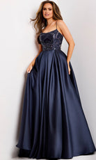 Jovani 44587 - Spaghetti Strap Pleated A-Line Gown - detail view
