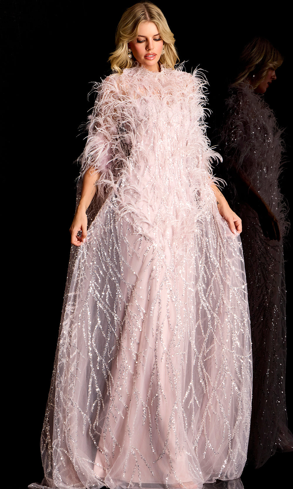 Jovani 44593 - Feather Embellished Cape Sleeve Evening Gown - designer mother of the bride dress at Silhouette Dresses