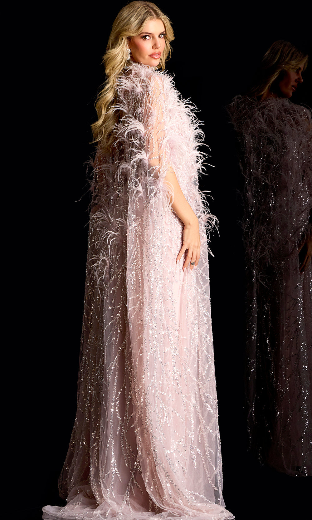 Jovani 44593 - Feather Embellished Cape Sleeve Evening Gown - back view