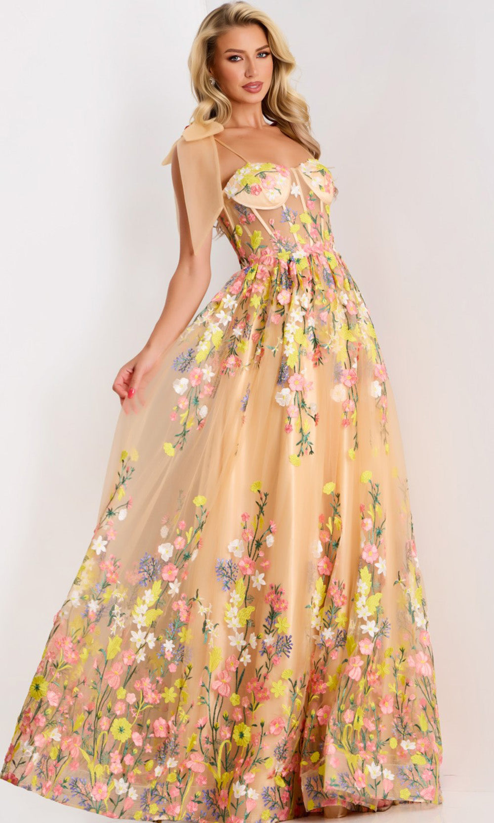 Jovani 44596 - Floral Embroidered Sweetheart Corset Gown - detail view