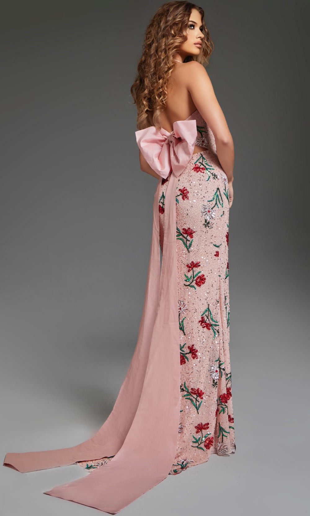 Jovani 44636 - Halter Embroidered Floral Long Gown - back view