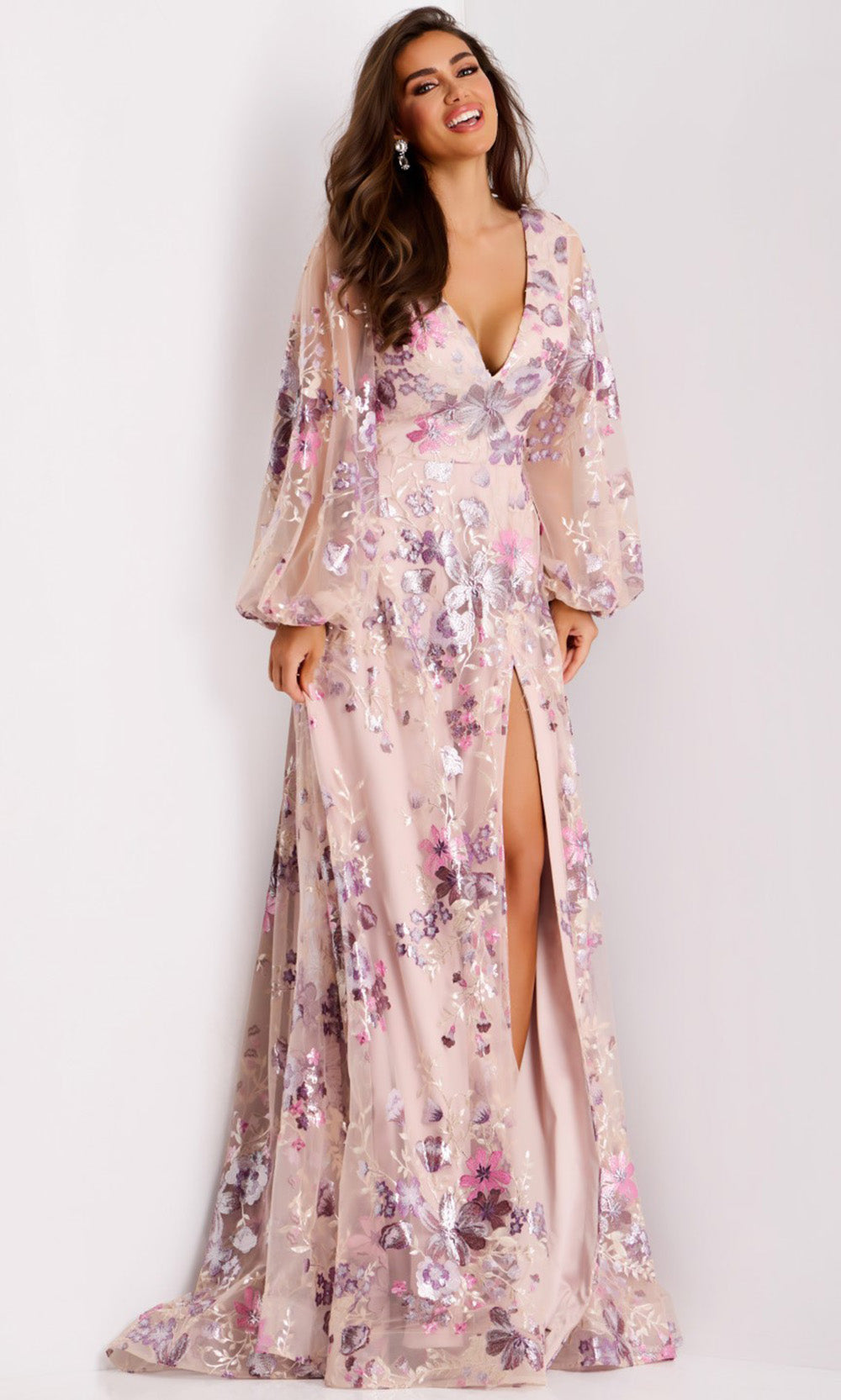 Jovani 44655 - Long Sleeve Metallic Embroidered Gown - back view