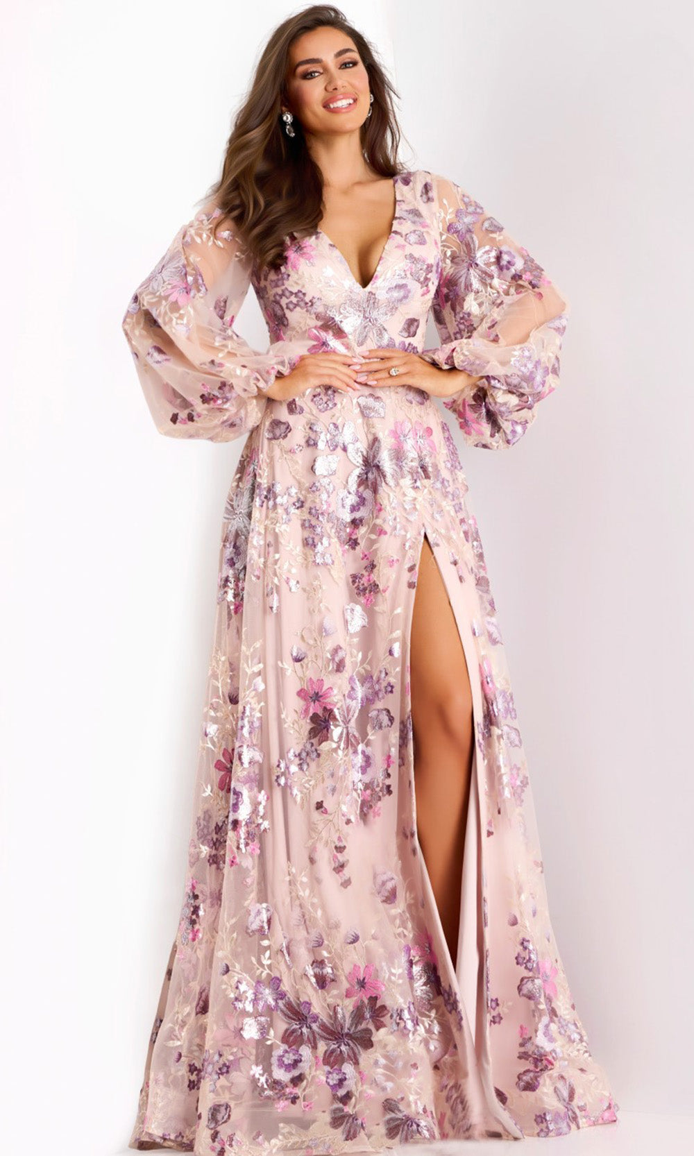 Jovani 44655 - Long Sleeve Metallic Embroidered Gown - designer formal gown at Silhouette Dresses