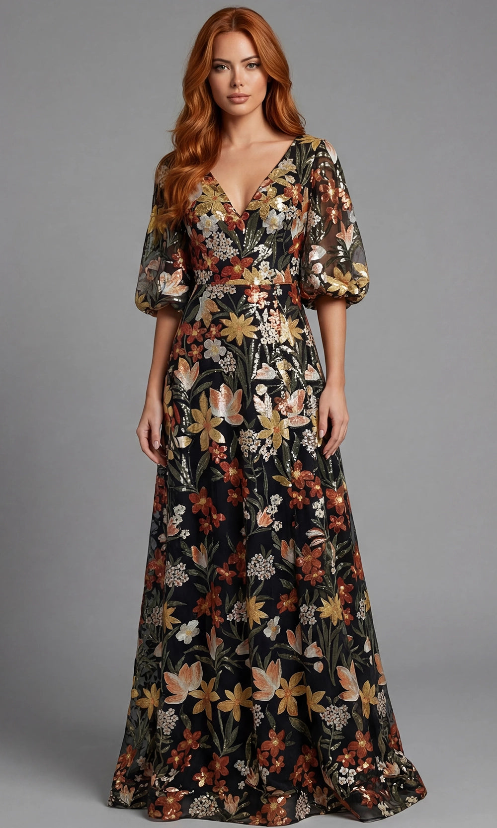 Jovani 44656 - Floral Pattern Puff Sleeve Long Gown - designer mother of the bride dress at Silhouette Dresses