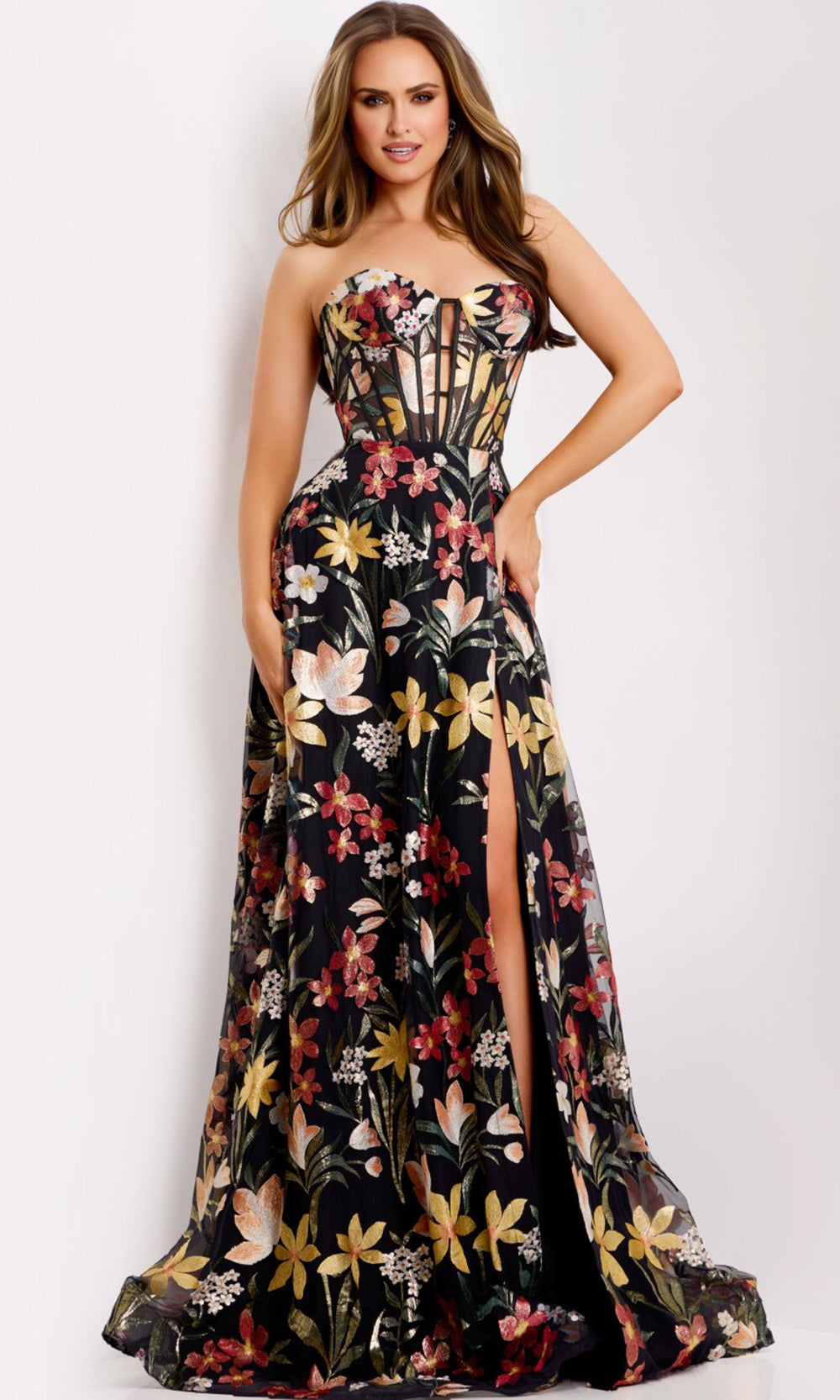 Jovani 44660 - Corset Bodice Floral Embroidered Gown - designer formal gown at Silhouette Dresses