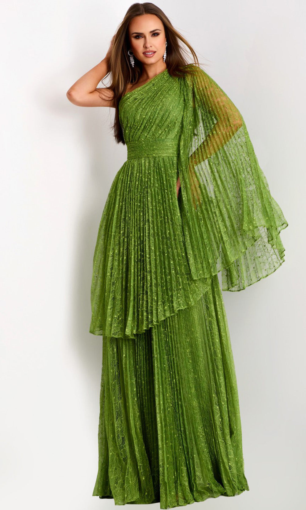 Jovani 44687 - One Shoulder Pleated Lace Gown - detail view
