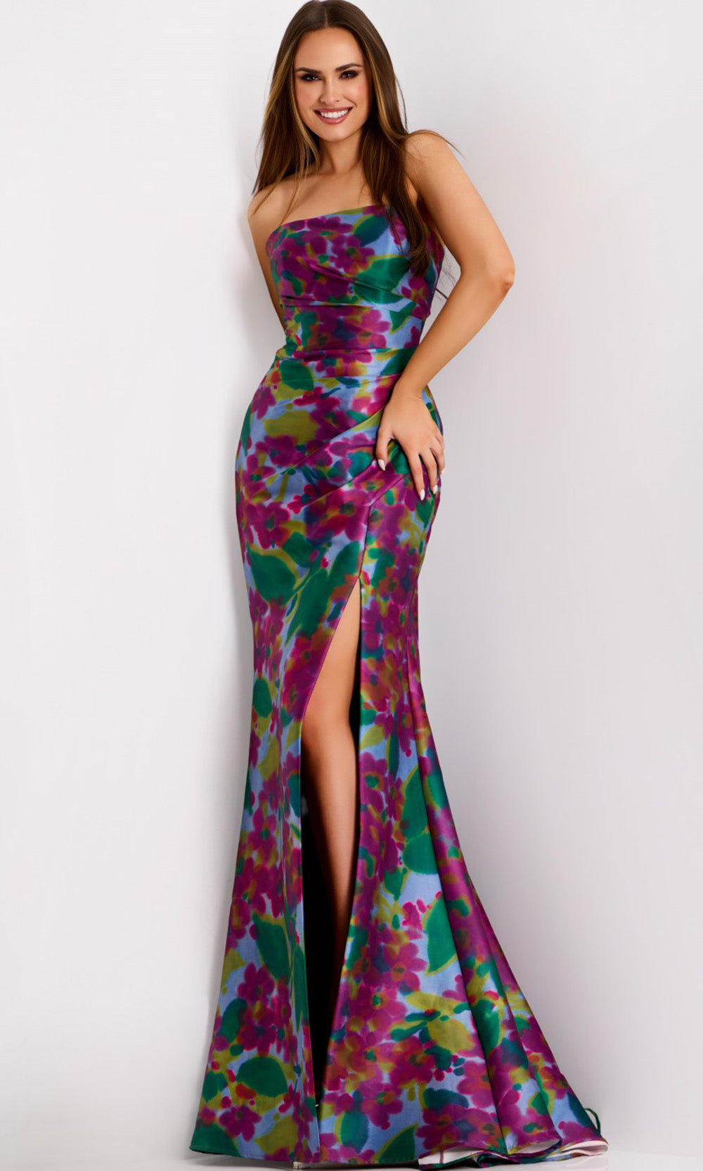 Jovani 44714 - Strapless Watercolor Floral Print Gown - designer formal gown at Silhouette Dresses
