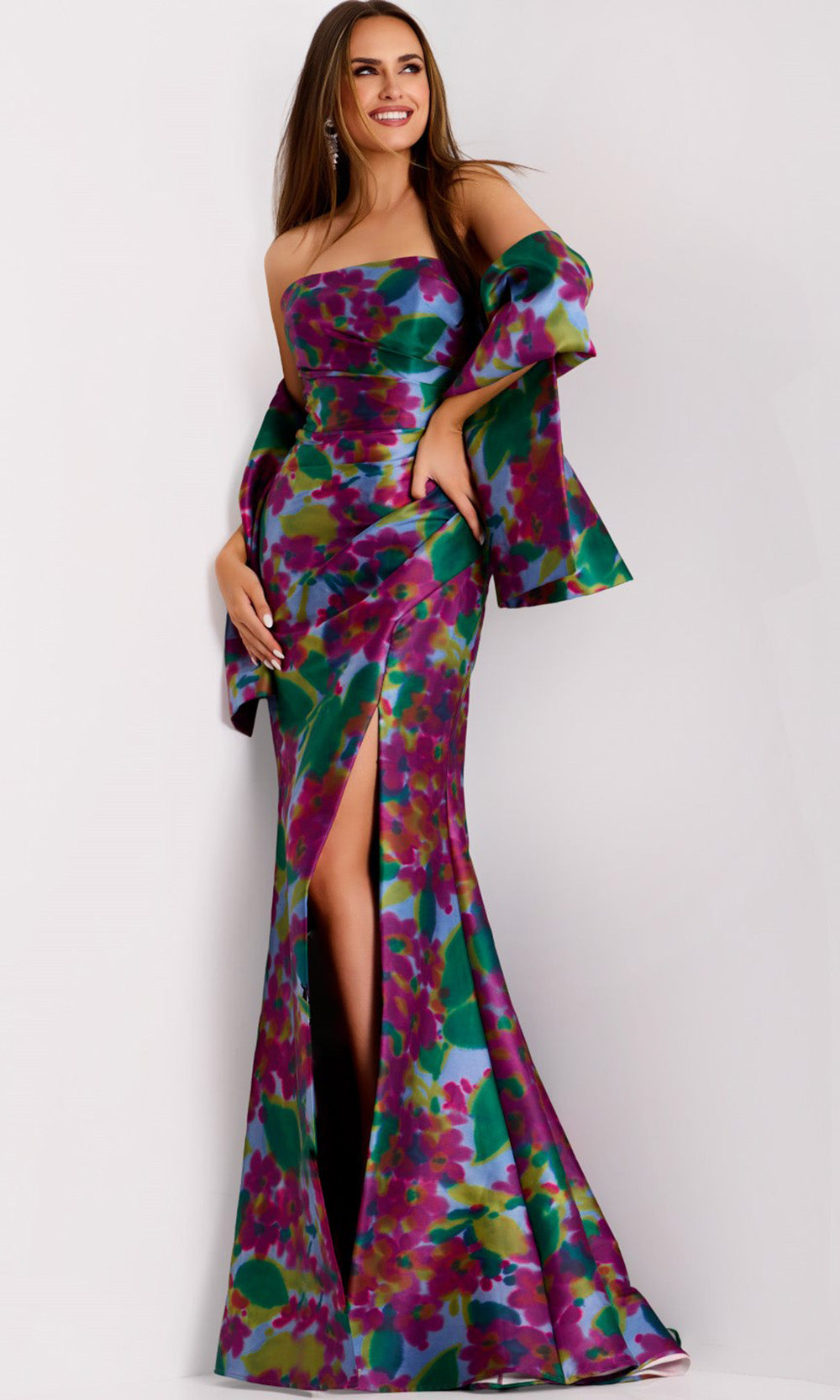 Jovani 44714 - Strapless Watercolor Floral Print Gown - detail view