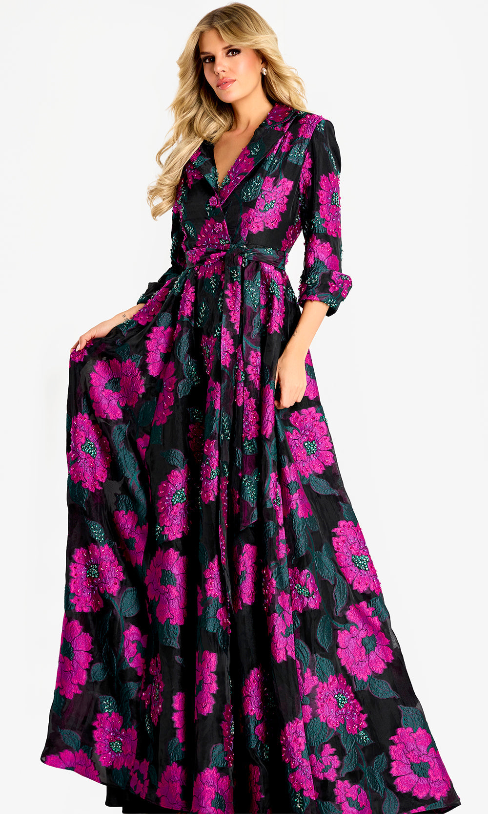 Jovani 44716 - Three-Quarter Sleeve Floral A-Line Gown - back view