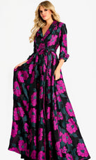 Jovani 44716 - Three-Quarter Sleeve Floral A-Line Gown - back view