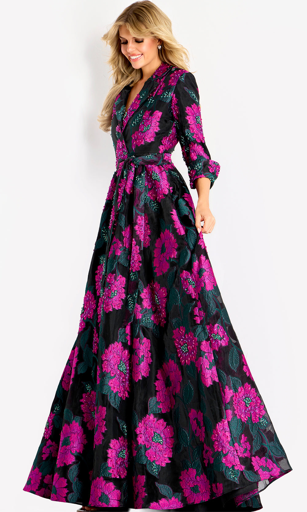 Jovani 44716 - Three-Quarter Sleeve Floral A-Line Gown - detail view