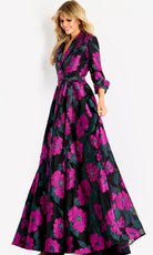 Jovani 44716 - Three-Quarter Sleeve Floral A-Line Gown - detail view