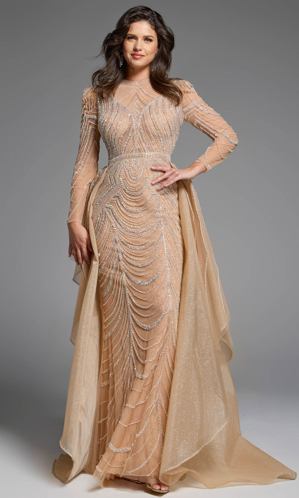 Jovani 44841 - Beaded Sheath Gown with Overskirt - detail view