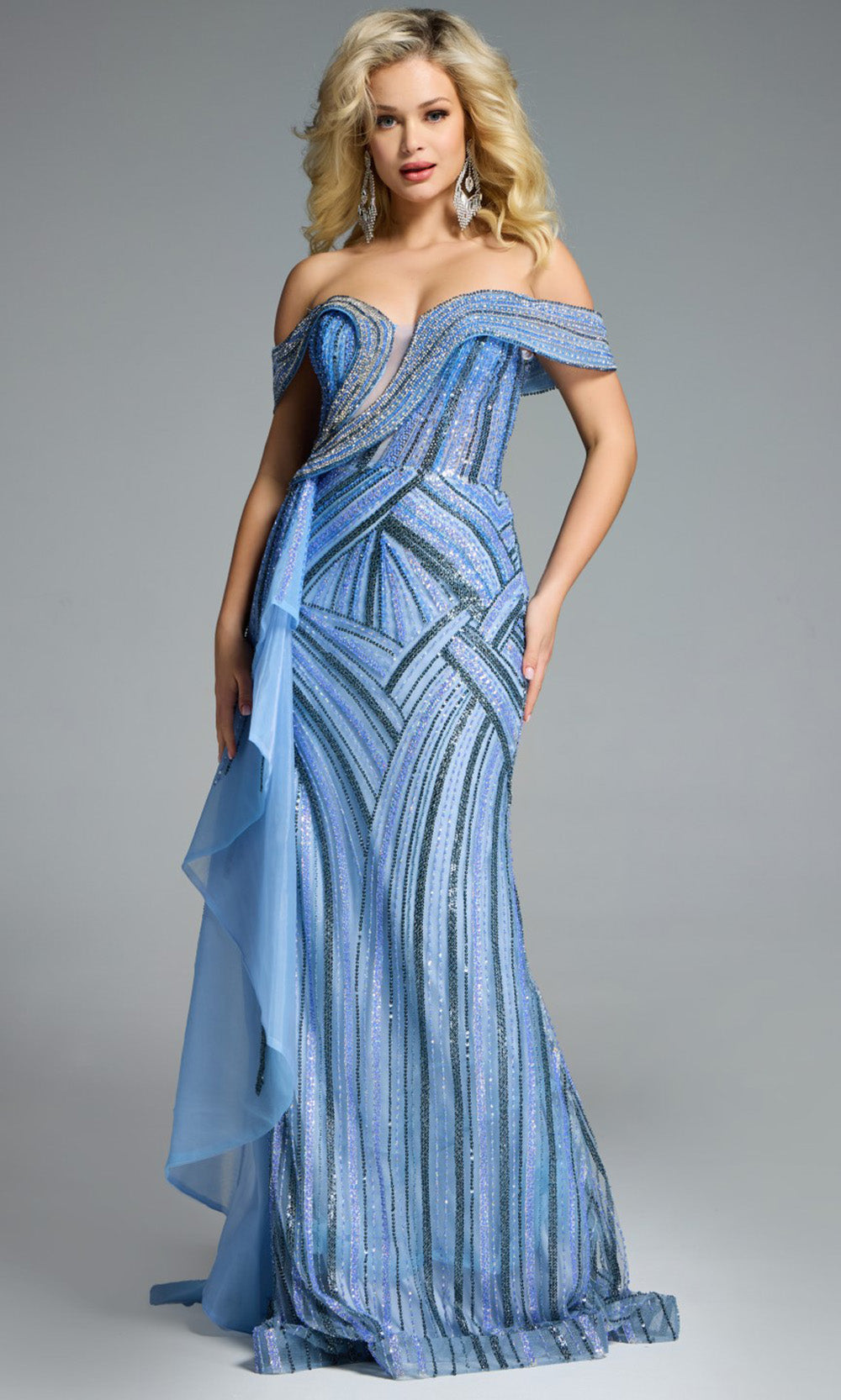 Jovani 44843 - Beaded Off Shoulder Gown with Side Overskirt - view 7