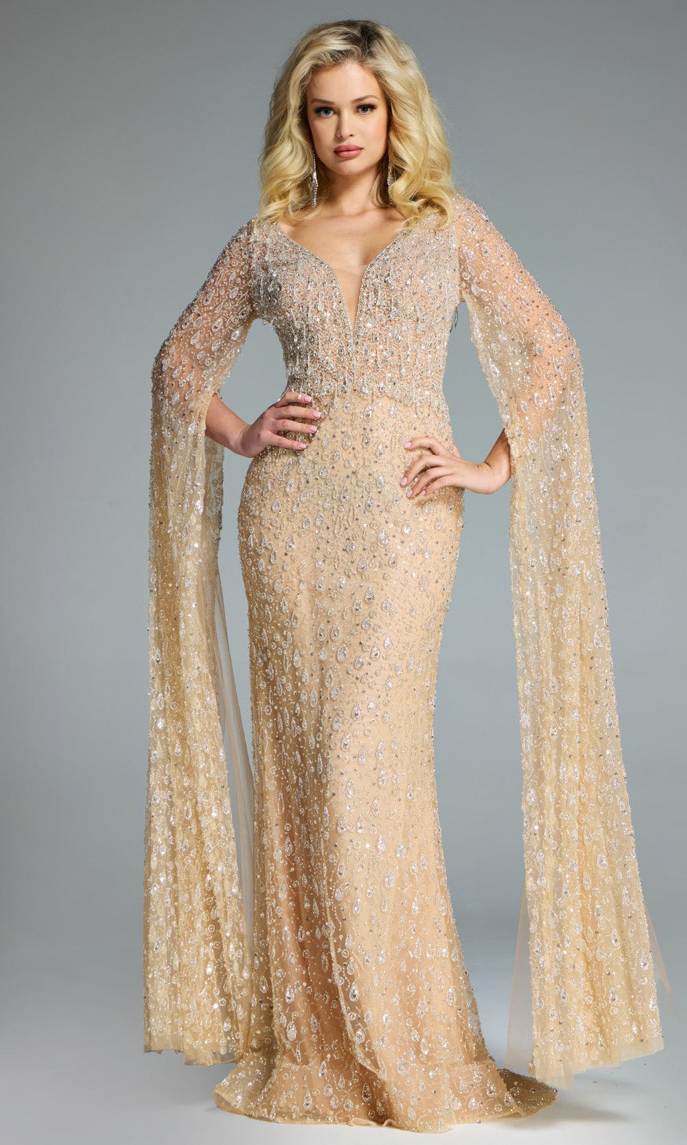 Jovani 44844 - Embellished Long Cape Sleeve Gown - designer formal gown at Silhouette Dresses