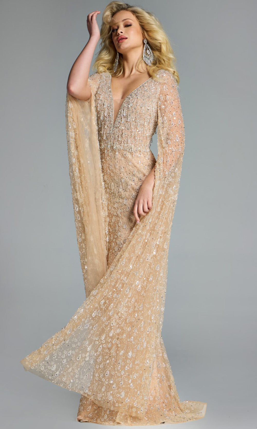 Jovani 44844 - Embellished Long Cape Sleeve Gown - detail view