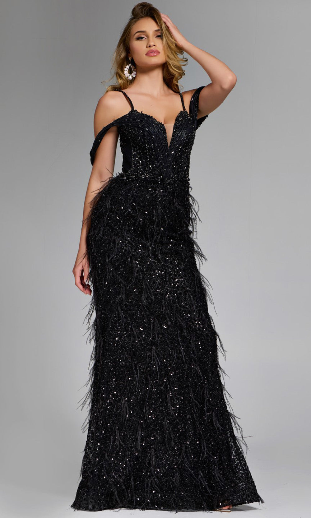 Jovani 44848 - Feathered Cold Shoulder Evening Gown - detail view