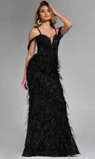 Jovani 44848 - Feathered Cold Shoulder Evening Gown - detail view