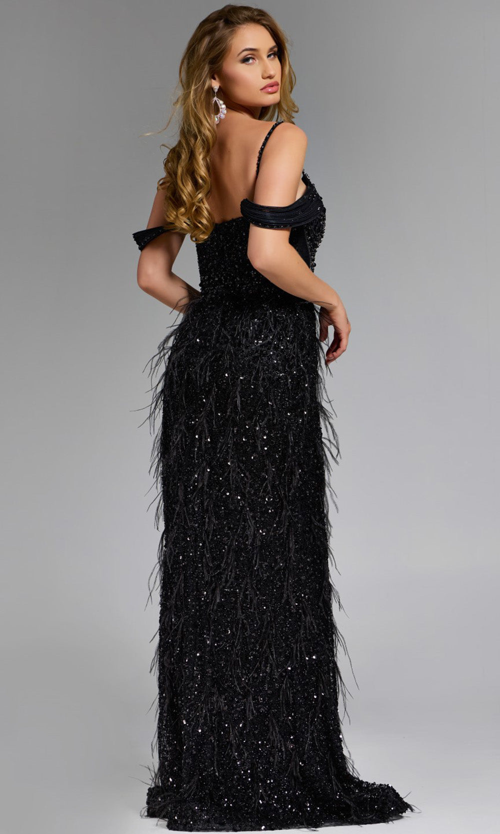 Jovani 44848 - Feathered Cold Shoulder Evening Gown - back view