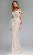 Jovani 44848 - Feathered Cold Shoulder Evening Gown - view 6