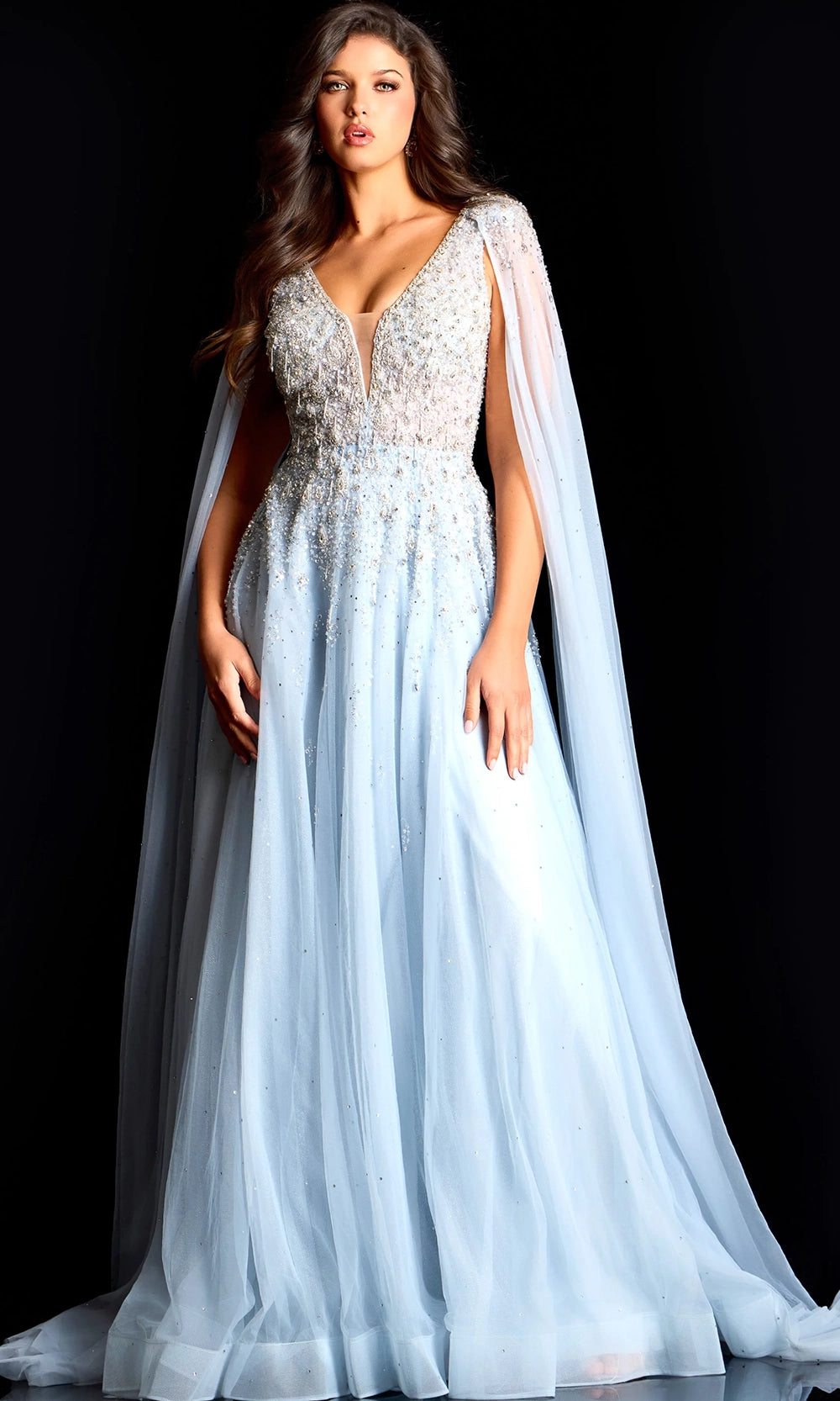 Jovani 45075 - Beaded Tulle Cape Sleeve Formal Gown - back view