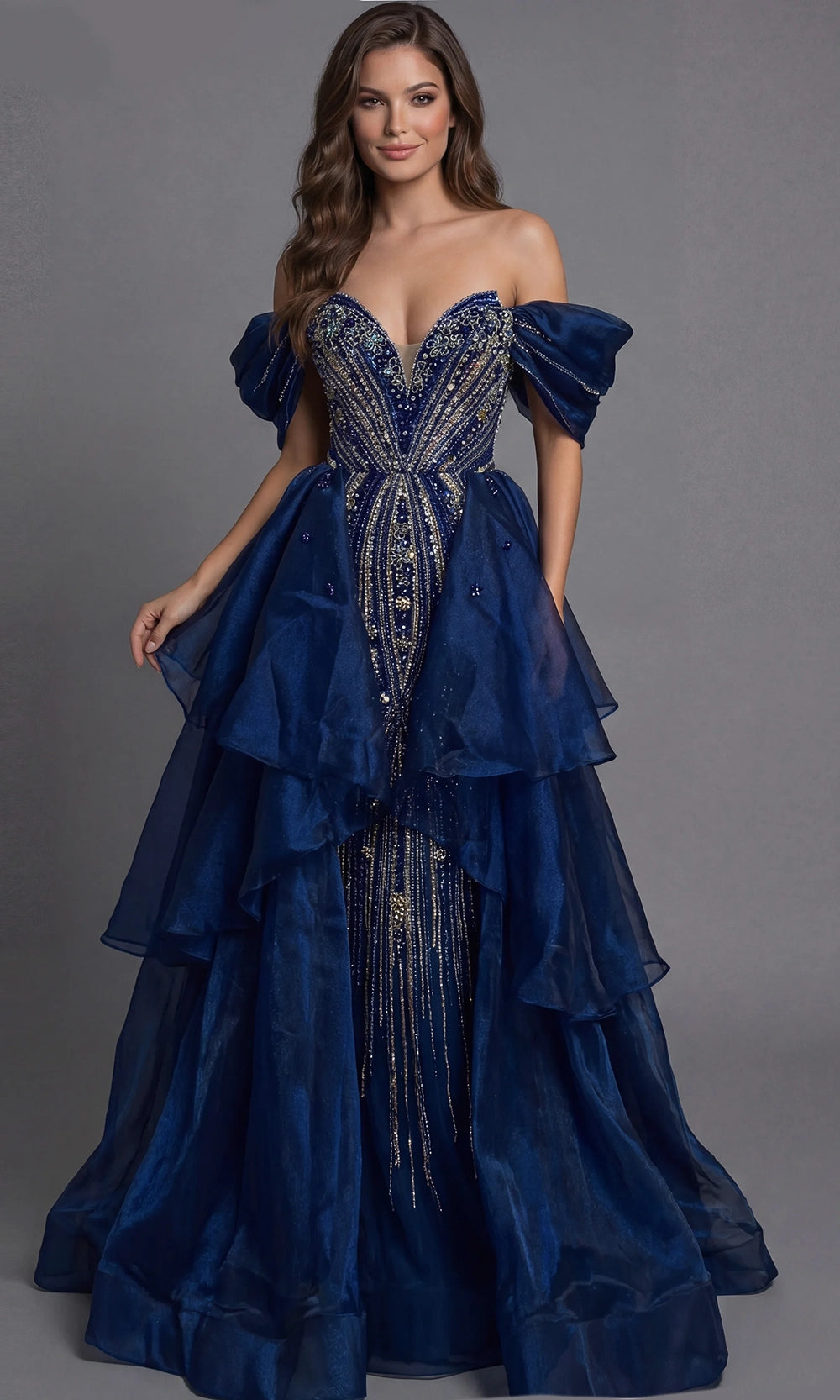 Jovani 45076 - Tiered Overskirt Beaded Off Shoulder Gown - designer ball gown at Silhouette Dresses