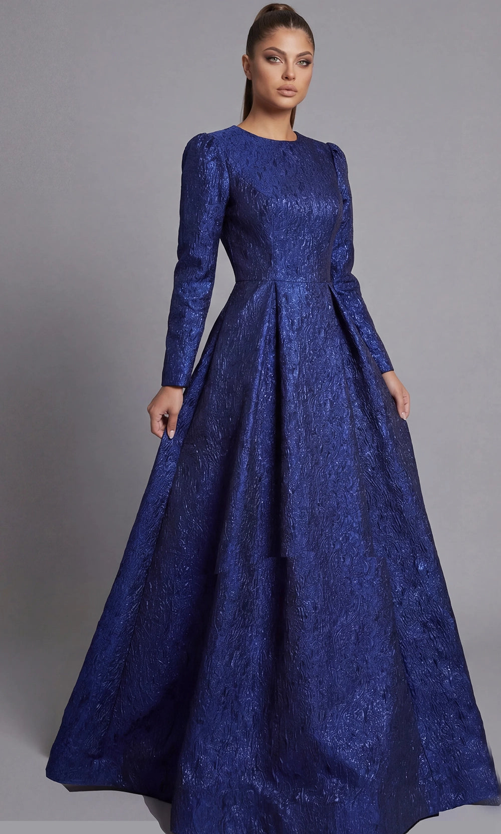 Jovani 45099 - Long Sleeve Metallic Jacquard Evening Gown - back view